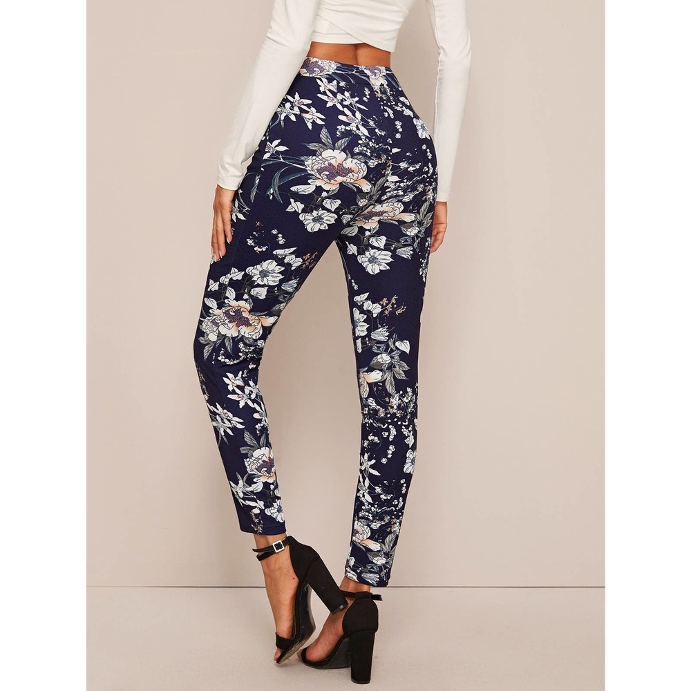 Floral Print High Waist Skinny Pants Minimalist Business Casual  navy blue - Picture 2 of 4